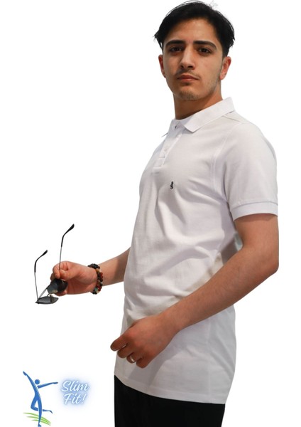 Erkek Slim Fit Dar Kesim Pamuklu Yumuşak Doku Nefes Alan Kumaş Kıvrılmaz Yaka Haki Polo Yaka Tişört Beyaz Lacivert