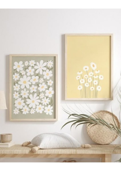 Mc Home Art Doğal Ahşap Çerçeveli Uv Baskı 2'li Papatya Desenli Tablo Seti – Modern & Şık Duvar Dekoru