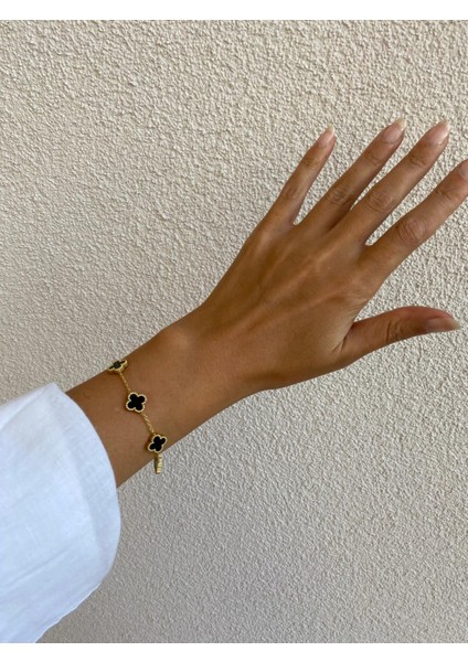 Taşlı Siyah Çift Yönlü Yonca Van Cleff Orta Boy Çelik Bileklik fiyatları