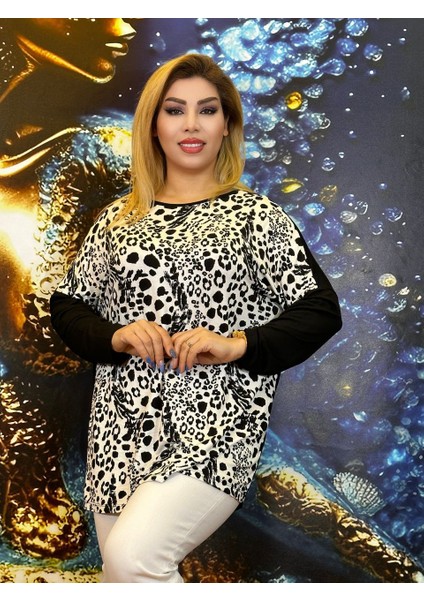 Bluz Leopar Desenli Viskon Uzun Kollu Kadın Günlük Yazlık Siyah Beyaz Tunik Oversize Bisiklet Yaka