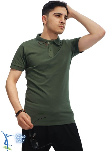 Erkek Slim Fit Dar Kesim Pamuklu Yumuşak Doku Nefes Alan Kumaş Kıvrılmaz Yaka Haki Polo Yaka Tişört Haki