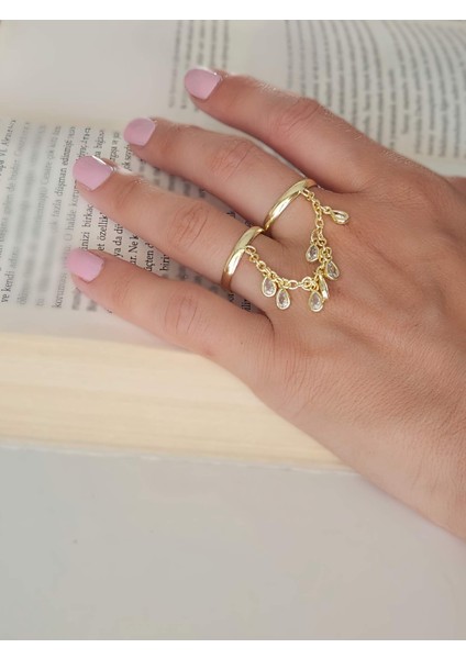 Şahmaran Damla Başak Model Zirkon Taşlı Ayarlanabilir Gold Altın Renkli Yüzük modelleri
