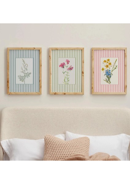 Mc Home Art Doğal Ahşap Çerçeveli Uv Baskı 3'lü Renkli Çizgili Çiçek Desenli Tablo Seti Modern Şık Duvar Dekoru