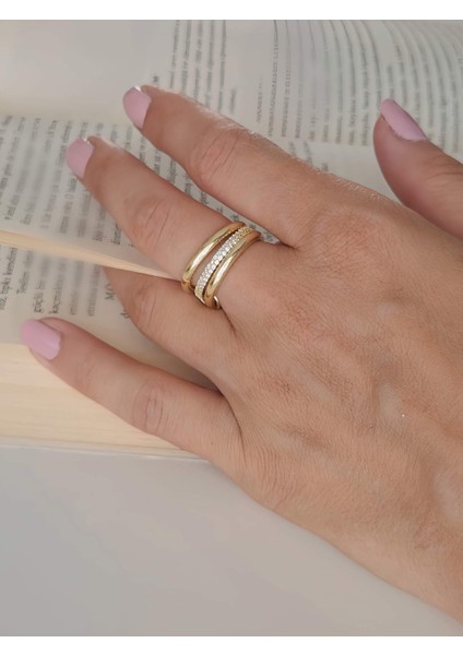 Çoklu 3'lü Model Zirkon Taşlı Silver Gold Renkli Yüzük