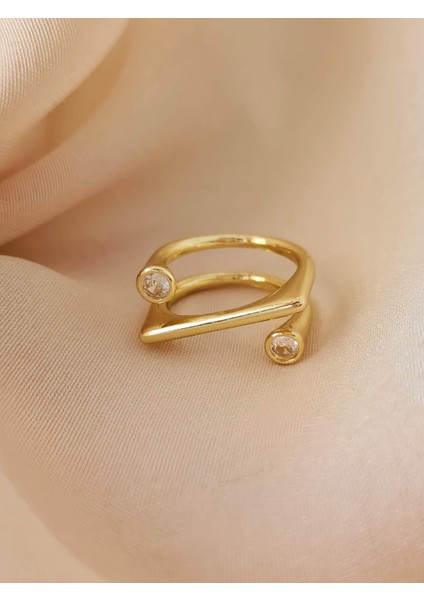 Kare Çapraz Zirkon Taşlı Model Ayarlanabilir Gold Altın Renkli Yüzük