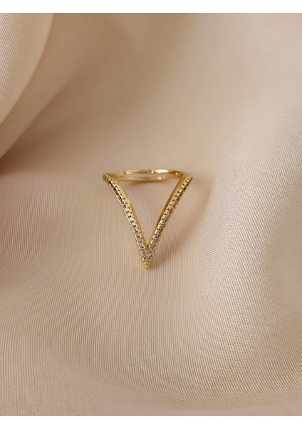 V Model Zirkon Taşlı Ayarlanabilir Gold Altın Renkli Yüzük