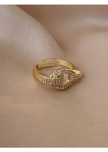 Kilit Kalp Model Zirkon Taşlı Ayarlanabilir Gold Altın Renkli Yüzük modelleri