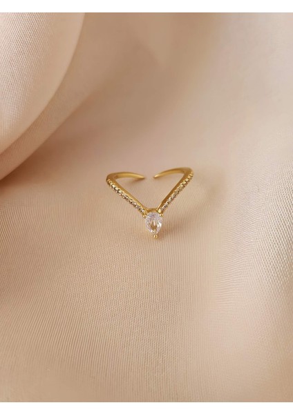V Model Damla Zirkon Taşlı Ayarlanabilir Gold Altın Renkli Yüzük