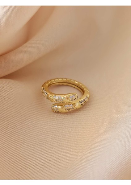 Yılan Çapraz Zirkon Taşlı Model Ayarlanabilir Gold Altın Renkli Yüzük