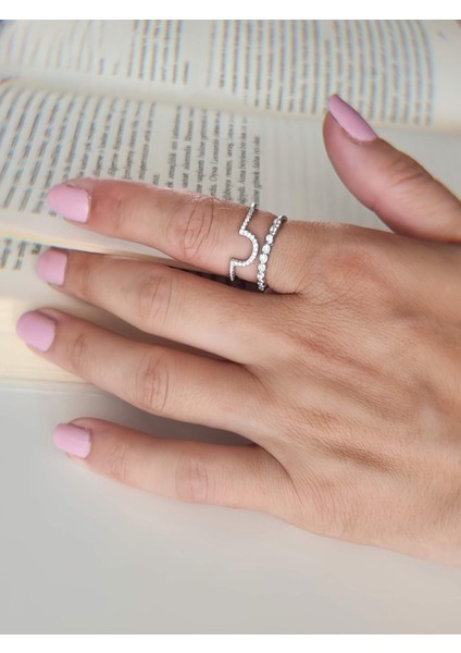 Oval Iki Sıralı Taşlı Model Ayarlanabilir Silver Gümüş Renkli Yüzük modelleri