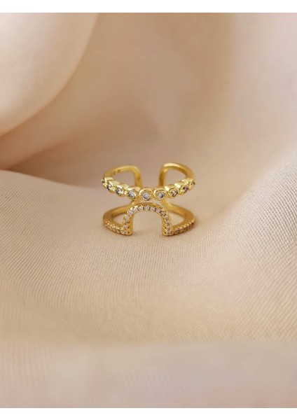 Oval Iki Sıralı Taşlı Model Ayarlanabilir Gold Altın Renkli Yüzük