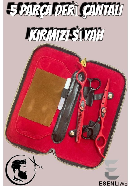 Kırmızı ve Siyah Boncuk Işlemeli 5 Parça Makas Seti, Deri Çantalı Kuaför Paketi
