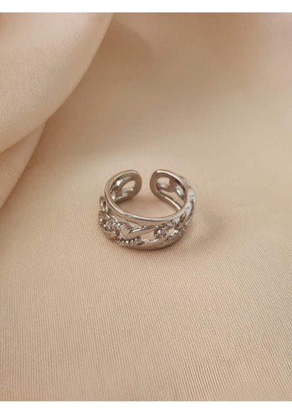 Gurmet Zincir Model Zirkon Taşlı Ayarlanabilir Silver Gümüş Renkli Yüzük