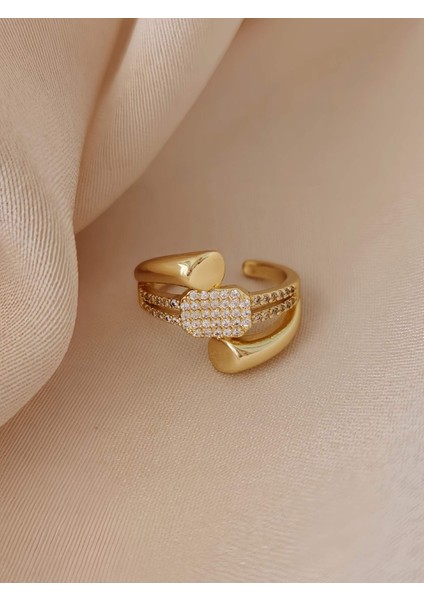 Üçlü Çapraz Zirkon Taşlı Model Ayarlanabilir Gold Altın Renkli Yüzük