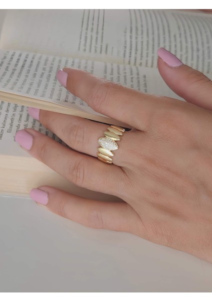 Damla Elips Oval Model Zirkon Taşlı Ayarlanabilir Gold Altın Renk Yüzük
