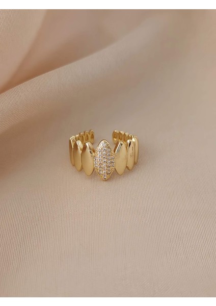 Damla Elips Oval Model Zirkon Taşlı Ayarlanabilir Gold Altın Renk Yüzük modelleri