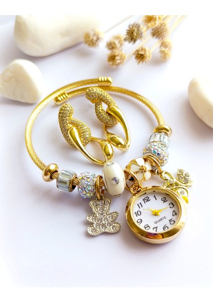 Küpe Sallantılı ve Saat Pandorsb Zirkon Taş Altın Kaplama 316 L Çelik 2'li Set+ Hediye Paket