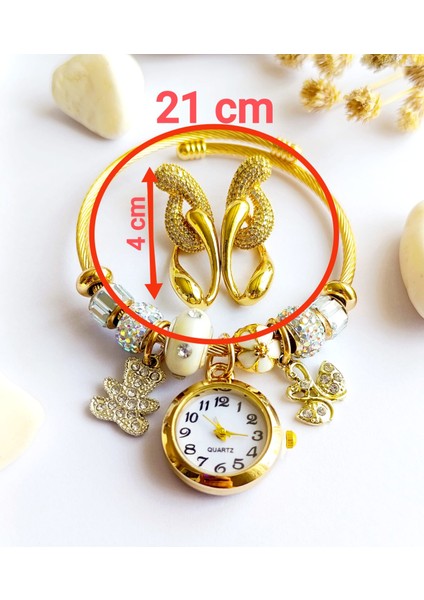 Küpe Sallantılı ve Saat Pandorsb Zirkon Taş Altın Kaplama 316 L Çelik 2'li Set+ Hediye Paket fiyatları