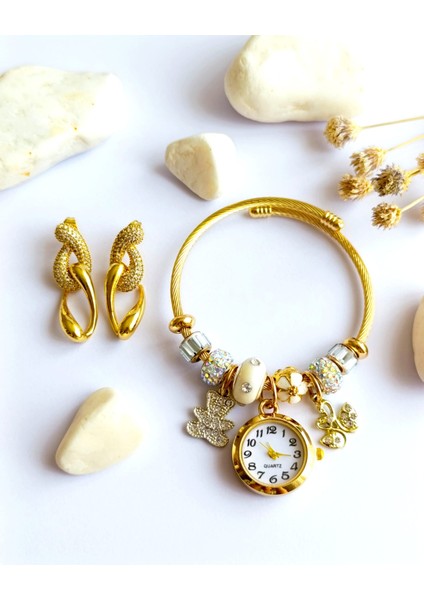 Küpe Sallantılı ve Saat Pandorsb Zirkon Taş Altın Kaplama 316 L Çelik 2'li Set+ Hediye Paket modelleri