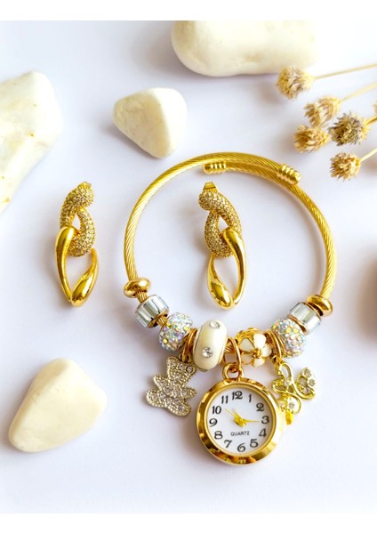 Küpe Sallantılı ve Saat Pandorsb Zirkon Taş Altın Kaplama 316 L Çelik 2'li Set+ Hediye Paket fırsatları