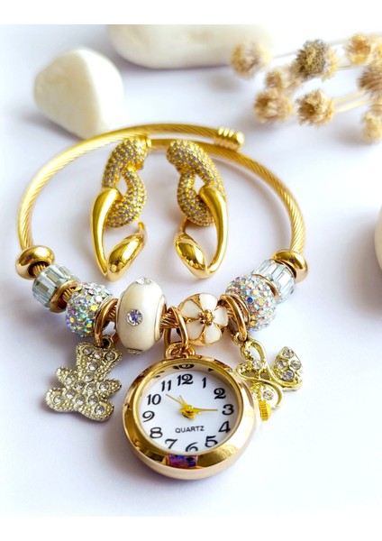 Küpe Sallantılı ve Saat Pandorsb Zirkon Taş Altın Kaplama 316 L Çelik 2'li Set+ Hediye Paket