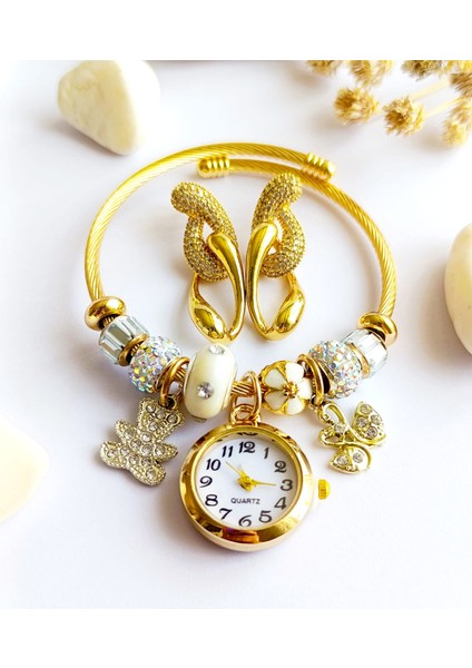 Küpe Sallantılı ve Saat Pandorsb Zirkon Taş Altın Kaplama 316 L Çelik 2'li Set+ Hediye Paket
