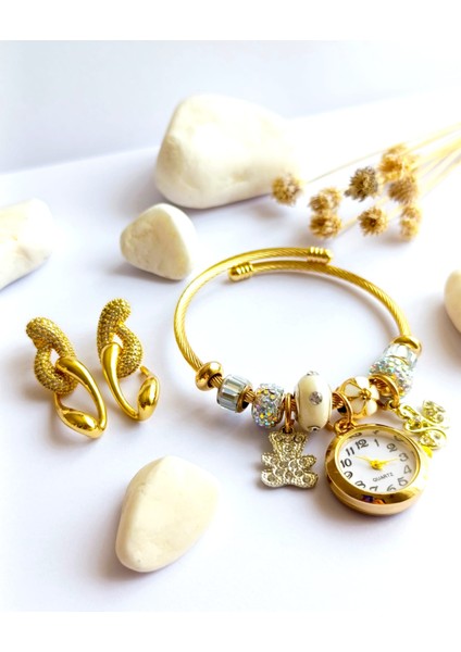 Küpe Sallantılı ve Saat Pandorsb Zirkon Taş Altın Kaplama 316 L Çelik 2'li Set+ Hediye Paket