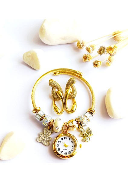 Küpe Sallantılı ve Saat Pandorsb Zirkon Taş Altın Kaplama 316 L Çelik 2'li Set+ Hediye Paket