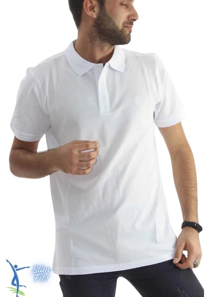 Erkek Slim Fit Dar Kesim Pamuklu Yumuşak Doku Nefes Alan Kumaş Kıvrılmaz Yaka Haki Polo Yaka Tişört Beyaz