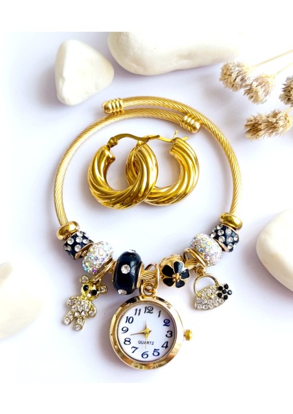 Küpe Halka ve Saat Pandorsb Zirkon Taş Altın Kaplama 316 L Çelik 2'li Set+ Hediye Paket