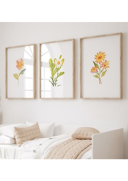 Mc Home Art Doğal Ahşap Çerçeveli Uv Baskı 3'lü Minimalist Çiçek Desenli Tablo Seti – Modern & Şık Duvar Dekoru