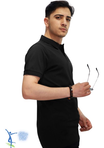 Erkek Slim Fit Dar Kesim Pamuklu Yumuşak Doku Nefes Alan Kumaş Kıvrılmaz Yaka Haki Polo Yaka Tişört Siyah
