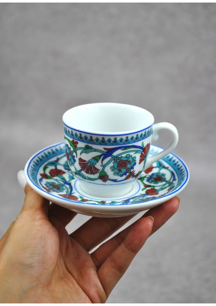 2 Kişilik 4 Parça Çini Motifli Porselen Lale Osmanlı Türk Kahve Fincan Takımı-Ottoman