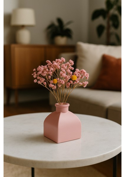 Pembe Dekoratif Taş Vazo – Modern Kare Tasarım – 13 cm – Minimalist Ev Aksesuarı