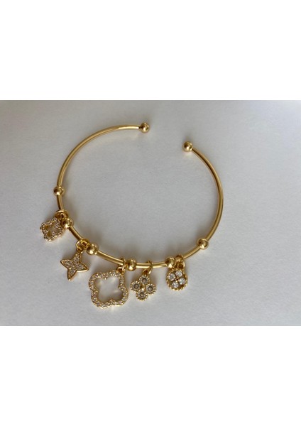 Yonca ve Çiçek Figürlü Zirkon Taşlı Ayarlamalı Açık Gold Bileklik modelleri