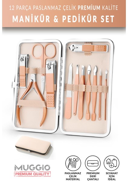 12 Parça Paslanmaz Çelik Manikür ve Pedikür Seti, Şık Çantalı, Kaliteli Bakım Için