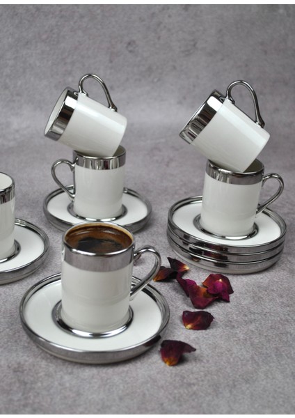 6 Kişilik 12 Parça Porselen Türk Kahve Fincan Takımı 110 ml Sılver See