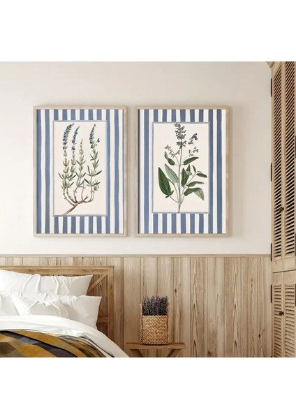 Mc Home Art Doğal Ahşap Çerçeveli Uv Baskı 2'li Mavi Çizgili Çiçek Desenli Tablo Seti Modern & Şık Duvar Dekoru
