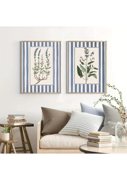 Mc Home Art Doğal Ahşap Çerçeveli Uv Baskı 2'li Mavi Çizgili Çiçek Desenli Tablo Seti Modern & Şık Duvar Dekoru fiyatları