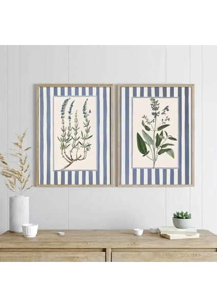 Mc Home Art Doğal Ahşap Çerçeveli Uv Baskı 2'li Mavi Çizgili Çiçek Desenli Tablo Seti Modern & Şık Duvar Dekoru modelleri