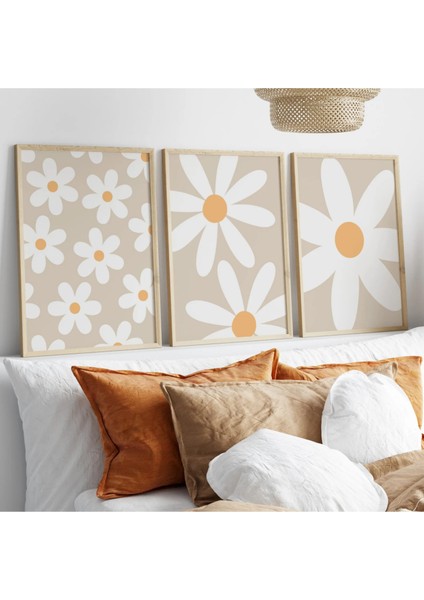 Mc Home Art Doğal Ahşap Çerçeveli Uv Baskı 3'lü Papatya Desenli Tablo Seti – Modern & Şık Duvar Dekoru