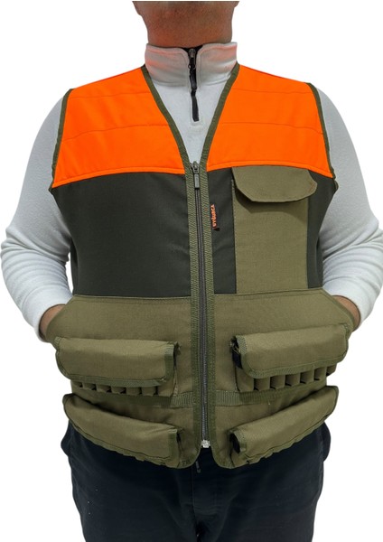 Turuncu Omuzlu Haki Avcı Yeleği - 30 Fişek Kapasiteli - 12 Kalibre