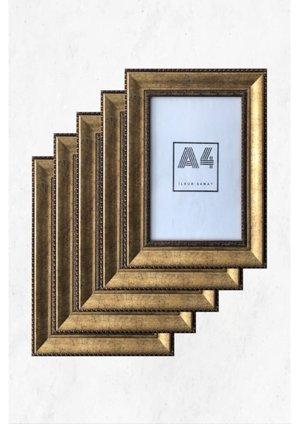 A4 Boyutunda (21X30) 2mm Mat Camlı Eskitme Altın Rengi Çerçeve Beş Adet