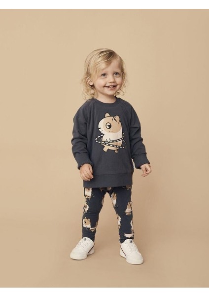 Kız Çocuk Pamuklu Lacivert Sincap Baskılı Sweatshirt ve Tayt Takım