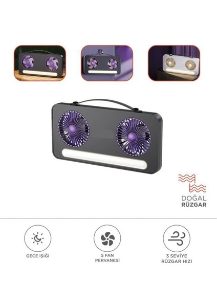 LED Işıklı Çift Fanlı Mini Masaüstü Vantilatör 1200MAH Şarjlı Taşınabilir Fan