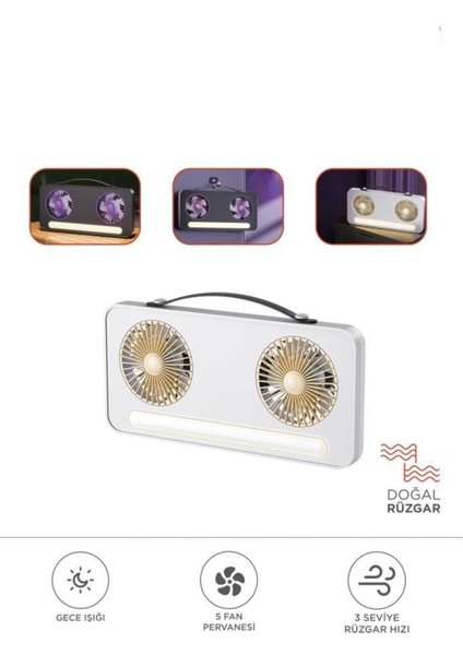 LED Işıklı Çift Fanlı Mini Masaüstü Vantilatör 1200MAH Şarjlı Taşınabilir Fan