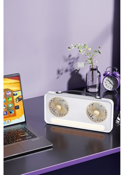 LED Işıklı Çift Fanlı Mini Masaüstü Vantilatör 1200MAH Şarjlı Taşınabilir Fan fırsatları