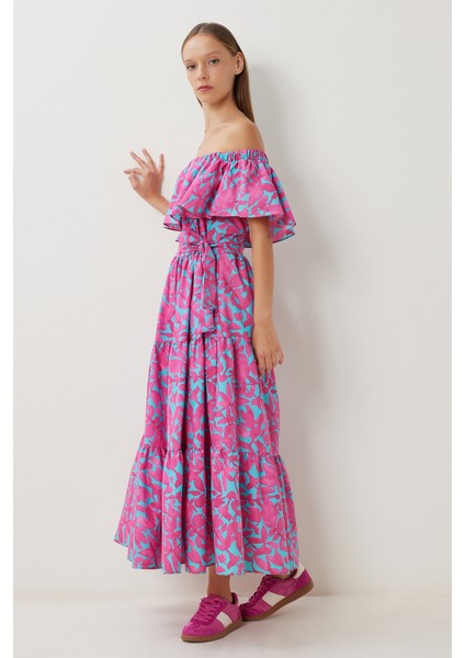 Desenli Carmen Yaka Dokuma Elbise LFG0116 Pembe modelleri