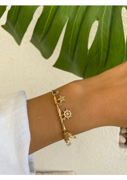 Deniz Yıldızı ve Balık Figür Zirkon Taşlı Charm Ayarlanabilir Açık Gold Bileklik fırsatları