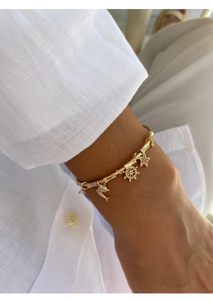 Deniz Yıldızı ve Balık Figür Zirkon Taşlı Charm Ayarlanabilir Açık Gold Bileklik indirimleri
